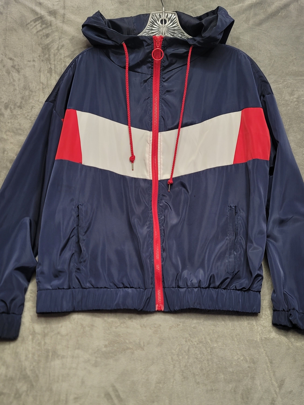Vintage Outer Edge Navy, White & Red Hooded Windbreaker Jacket Large